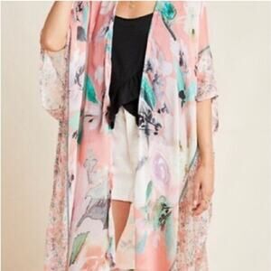 Anthropologie Akemi +‎ Kin Peach Cream Floral Romantic Flowy Sheer Kimono Woman